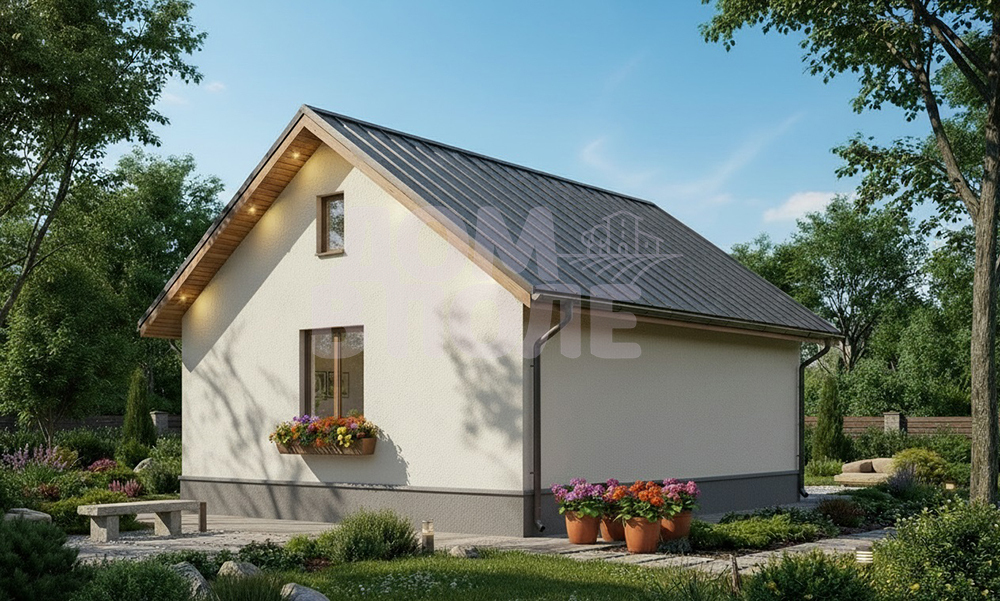 Проект компактного одноэтажного дома 38 м² из газобетона с оштукатуренным фасадом