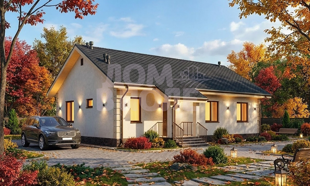 Проект одноэтажного дома 100 м² из газобетона с оштукатуренным фасадом