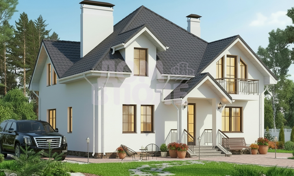 Проект дома 188 м² с мансардой и фасадом из светлой штукатурки